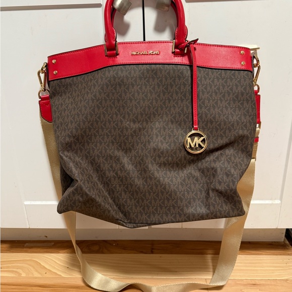 Michael Kors Red and Brown Tote Bag with Monogram Print - Picture 1 of 3